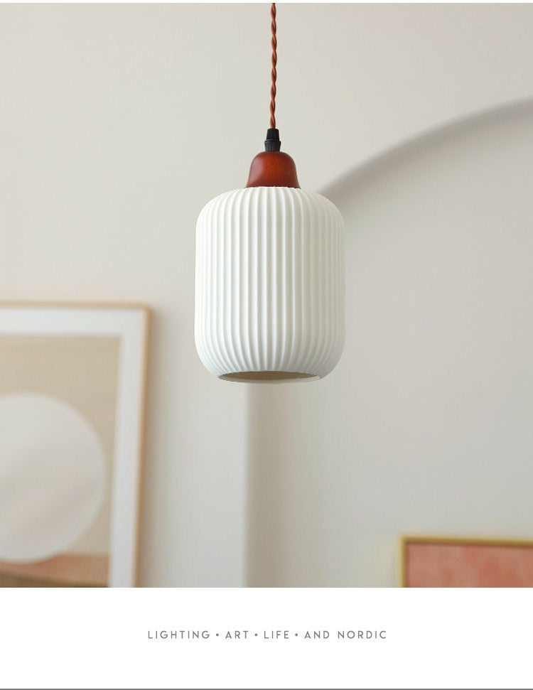Japanese Wood and Ceramic Chandelier / White Light / Flat Lantern