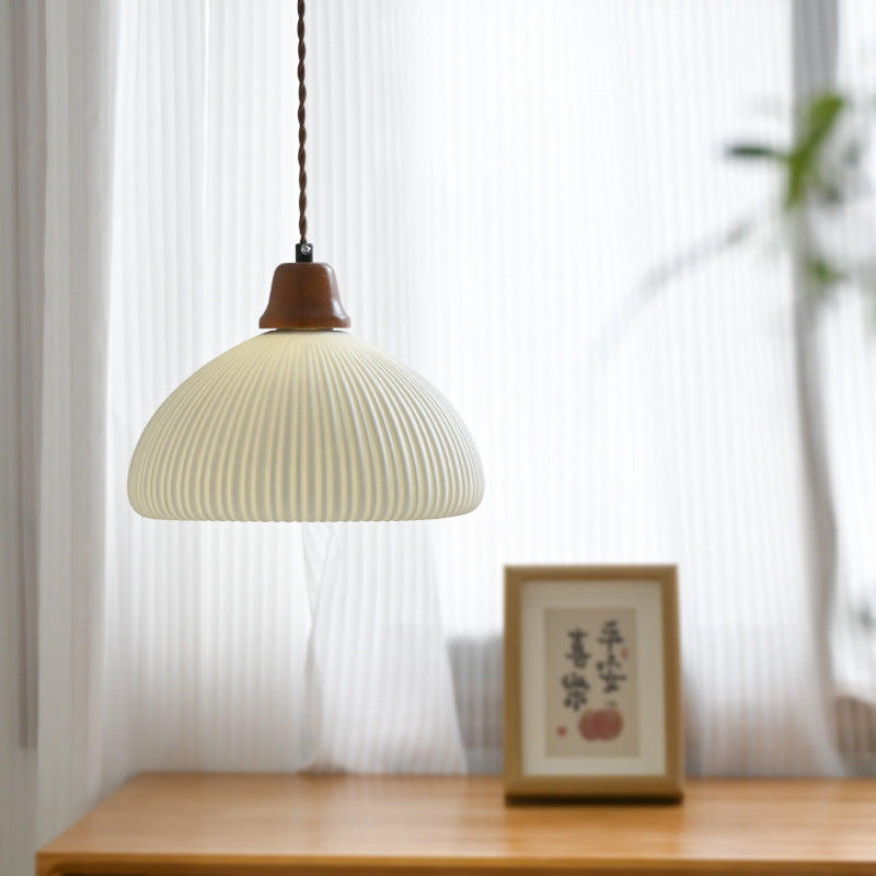 Japanese Wood and Ceramic Chandelier / White Light / Short Mushroom Paragraph