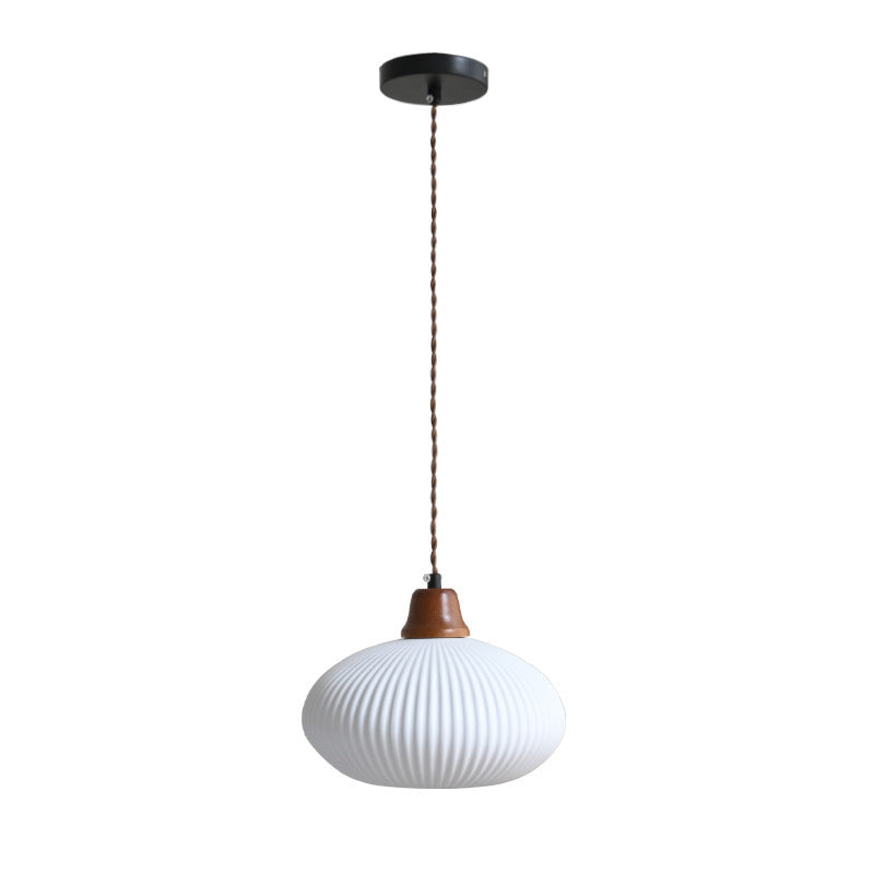 Japanese Wood and Ceramic Chandelier / White Light / Short Lantern Style
